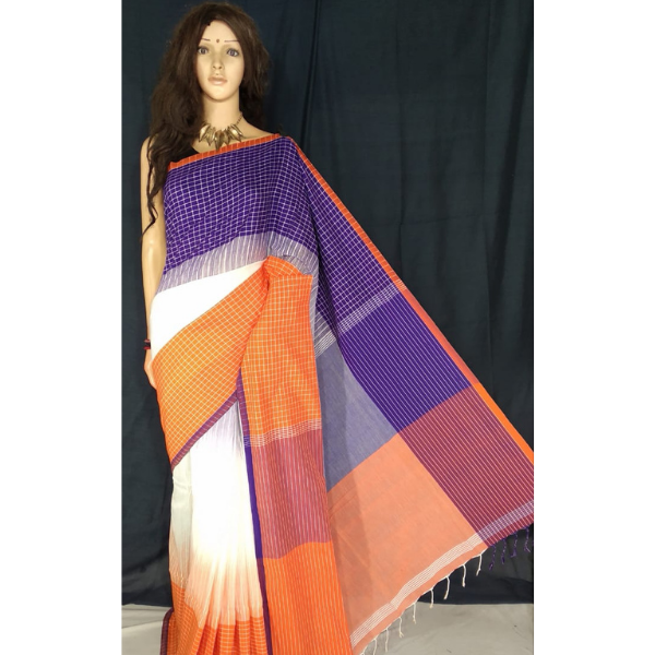 Handmade Fabric Ikkot Handloom Saree - Orange & Violet